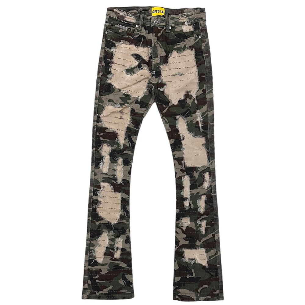GFTD LA Los Angeles Men's Skinny Stacked Flared Distressed Rip Camo Denim Jeans
